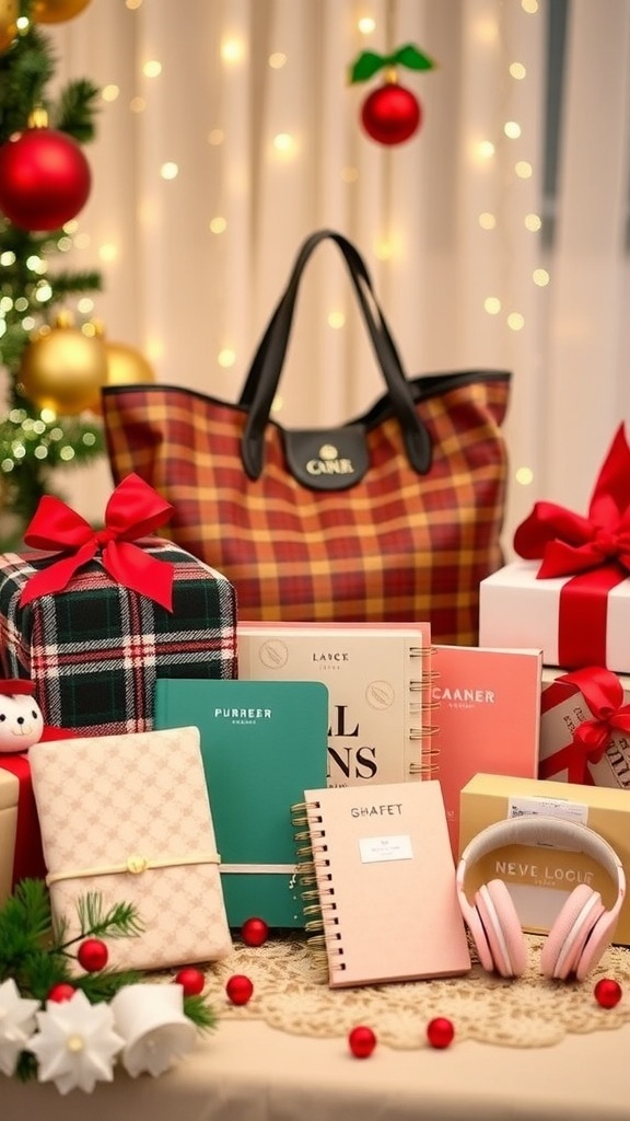 A collection of Christmas gifts for college girls including a tote bag, blanket, planner, and headphones on a festive table.